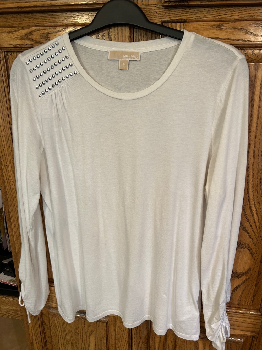 Michael Kors Ivory Long Sleeve Studded Shoulder Tee